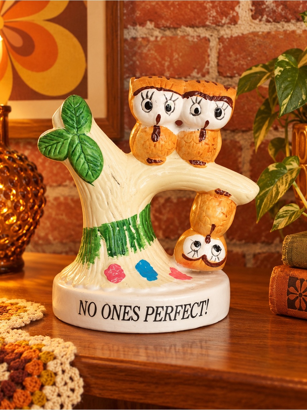 Vintage 70s No Ones Perfect Ceramic Owl Anthropomorphic Ceramic Figurine